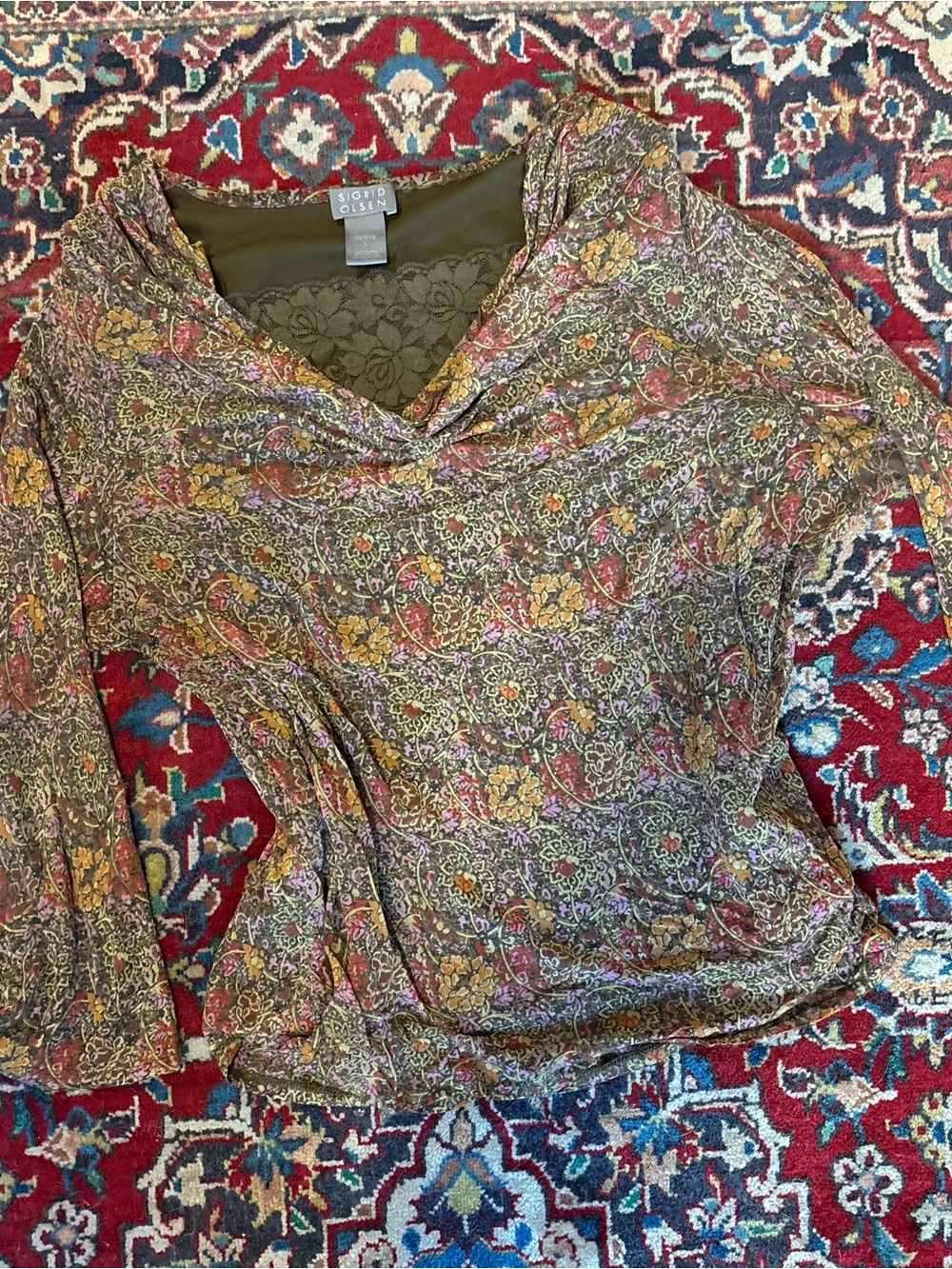 Vintage Olive Multi Floral Lace-Trim Long Sleeve Tee Slouch Neck